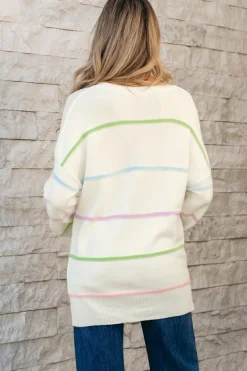 Sale Dear-Lover Rainbow Stripes Drop Shoulder Baggy Henley Sweater White