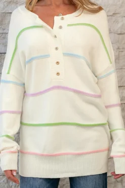 Sale Dear-Lover Rainbow Stripes Drop Shoulder Baggy Henley Sweater White