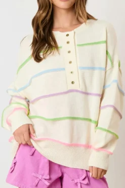 Sale Dear-Lover Rainbow Stripes Drop Shoulder Baggy Henley Sweater White