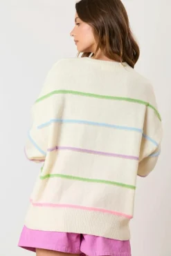 Sale Dear-Lover Rainbow Stripes Drop Shoulder Baggy Henley Sweater White