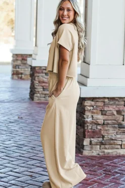 Sale Dear-Lover Raw Hem Loose Tee and Wide Leg Pants Set White