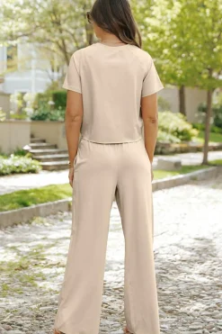 Sale Dear-Lover Raw Hem Loose Tee and Wide Leg Pants Set White