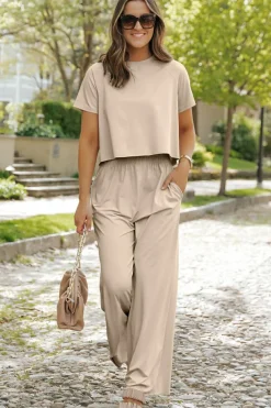 Sale Dear-Lover Raw Hem Loose Tee and Wide Leg Pants Set White
