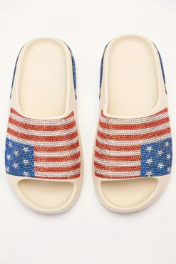 Hot Dear-Lover Rhinestone American Flag Thick Sole Slippers White