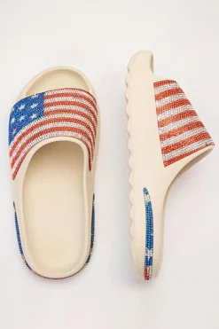 Hot Dear-Lover Rhinestone American Flag Thick Sole Slippers White