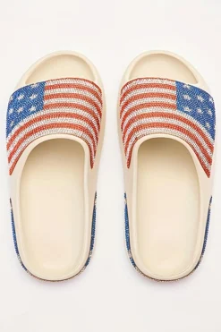 Hot Dear-Lover Rhinestone American Flag Thick Sole Slippers White