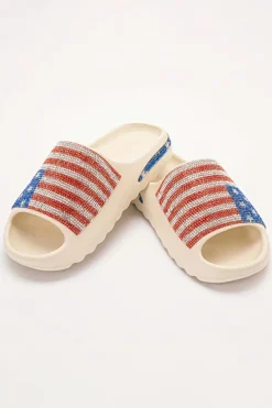 Hot Dear-Lover Rhinestone American Flag Thick Sole Slippers White