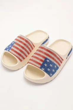 Hot Dear-Lover Rhinestone American Flag Thick Sole Slippers White