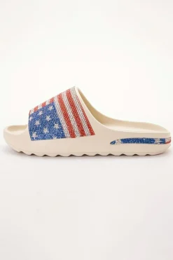 Hot Dear-Lover Rhinestone American Flag Thick Sole Slippers White