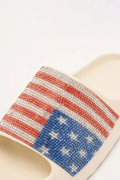 Hot Dear-Lover Rhinestone American Flag Thick Sole Slippers White