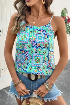 New Dear-Lover Rhinestone Boho Floral Printed Spaghetti Strap Tank Top White
