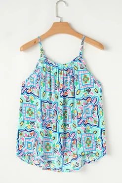New Dear-Lover Rhinestone Boho Floral Printed Spaghetti Strap Tank Top White