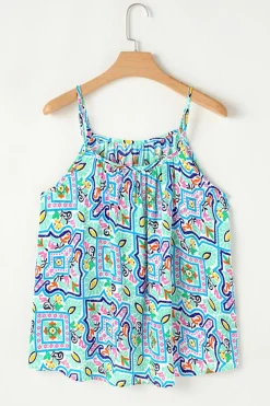 New Dear-Lover Rhinestone Boho Floral Printed Spaghetti Strap Tank Top White