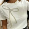 New Dear-Lover Rhinestone Bow Embellished Round Neck Tee White