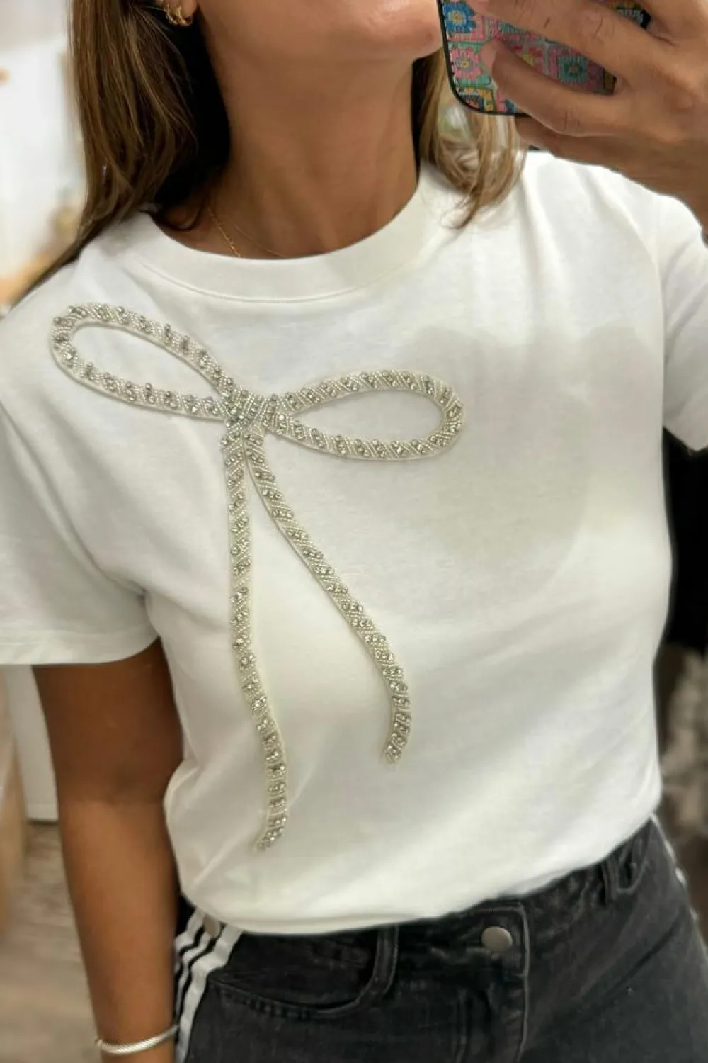New Dear-Lover Rhinestone Bow Embellished Round Neck Tee White