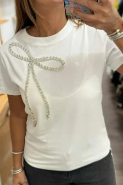 New Dear-Lover Rhinestone Bow Embellished Round Neck Tee White