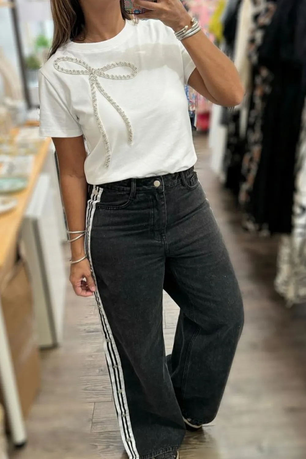 New Dear-Lover Rhinestone Bow Embellished Round Neck Tee White
