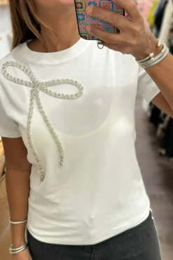 New Dear-Lover Rhinestone Bow Embellished Round Neck Tee White