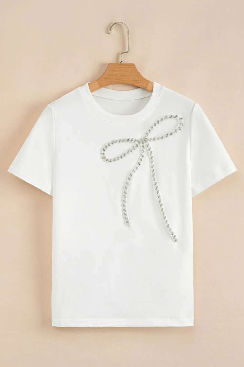 New Dear-Lover Rhinestone Bow Embellished Round Neck Tee White