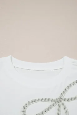New Dear-Lover Rhinestone Bow Embellished Round Neck Tee White