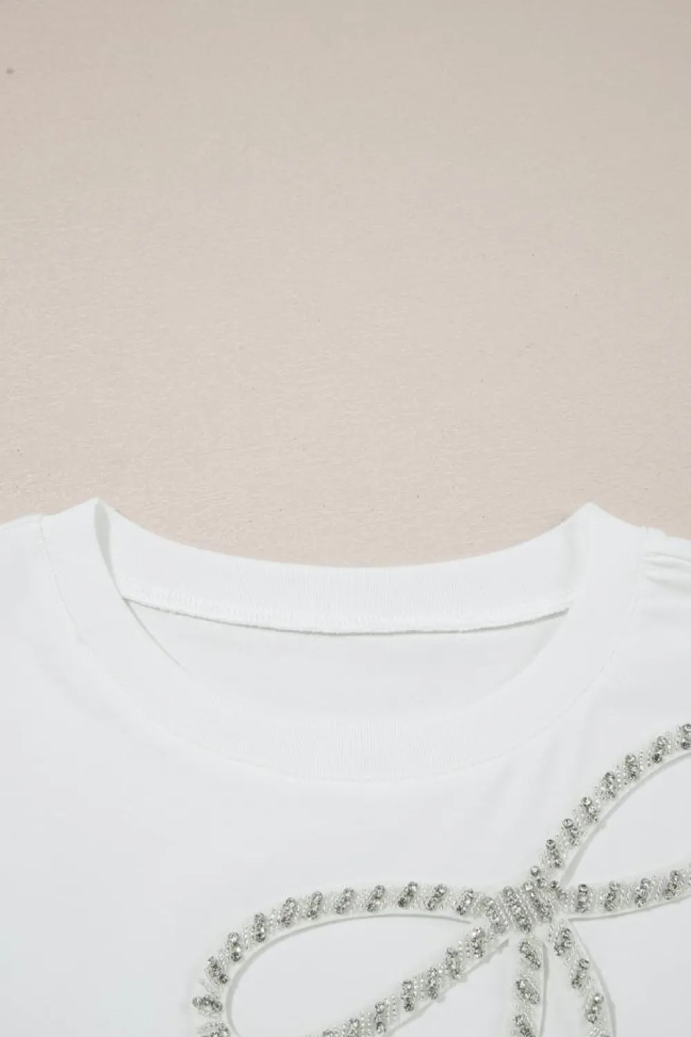 New Dear-Lover Rhinestone Bow Embellished Round Neck Tee White