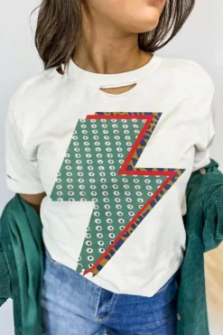 Discount Dear-Lover Rhinestone Decor Bolt Graphic Ripped Western Tee White