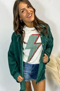 Discount Dear-Lover Rhinestone Decor Bolt Graphic Ripped Western Tee White