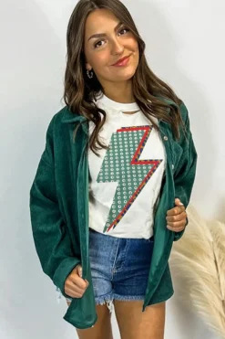 Discount Dear-Lover Rhinestone Decor Bolt Graphic Ripped Western Tee White