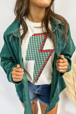 Discount Dear-Lover Rhinestone Decor Bolt Graphic Ripped Western Tee White