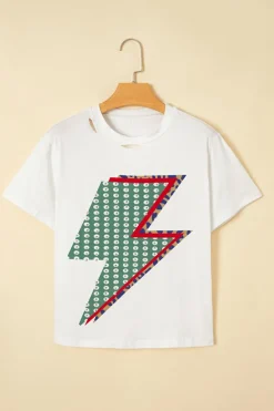 Discount Dear-Lover Rhinestone Decor Bolt Graphic Ripped Western Tee White