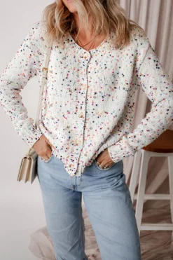 Outlet Dear-Lover Rhinestone Decor Multicolor Confetti Sweater Cardigan White