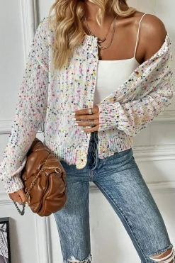Outlet Dear-Lover Rhinestone Decor Multicolor Confetti Sweater Cardigan White