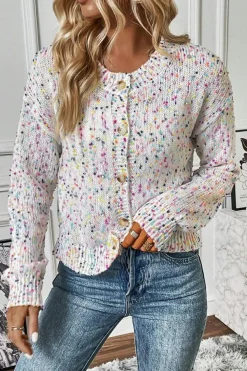 Outlet Dear-Lover Rhinestone Decor Multicolor Confetti Sweater Cardigan White