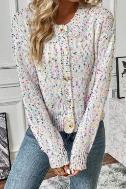 Outlet Dear-Lover Rhinestone Decor Multicolor Confetti Sweater Cardigan White