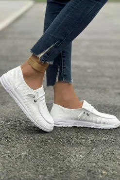 Outlet Dear-Lover Ribbed Lace-up Decor Slip On Shoes White