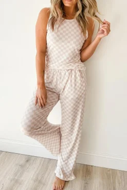 Fashion Dear-Lover Ribbed Texture Checkered Print 2pcs Tank and Pants Set White
