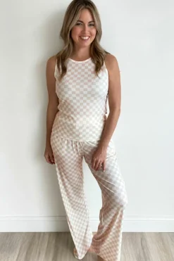 Fashion Dear-Lover Ribbed Texture Checkered Print 2pcs Tank and Pants Set White