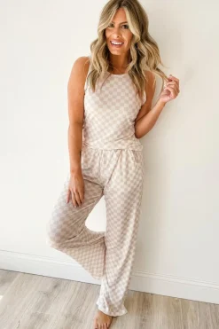 Fashion Dear-Lover Ribbed Texture Checkered Print 2pcs Tank and Pants Set White