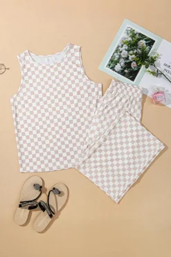 Fashion Dear-Lover Ribbed Texture Checkered Print 2pcs Tank and Pants Set White