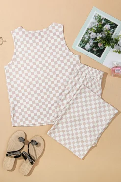Fashion Dear-Lover Ribbed Texture Checkered Print 2pcs Tank and Pants Set White