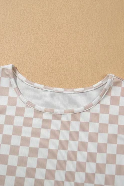Fashion Dear-Lover Ribbed Texture Checkered Print 2pcs Tank and Pants Set White