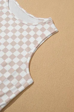 Fashion Dear-Lover Ribbed Texture Checkered Print 2pcs Tank and Pants Set White