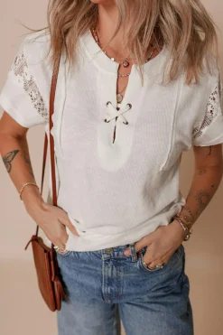 Outlet Dear-Lover Ribbed Texture Lace Patchwork Short Sleeve Top White