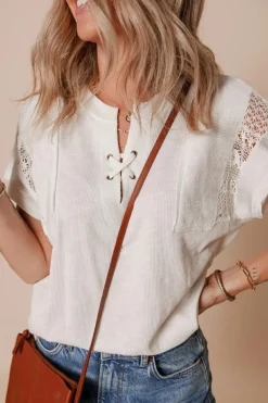 Outlet Dear-Lover Ribbed Texture Lace Patchwork Short Sleeve Top White