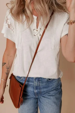 Outlet Dear-Lover Ribbed Texture Lace Patchwork Short Sleeve Top White
