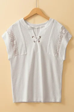 Outlet Dear-Lover Ribbed Texture Lace Patchwork Short Sleeve Top White