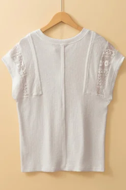 Outlet Dear-Lover Ribbed Texture Lace Patchwork Short Sleeve Top White