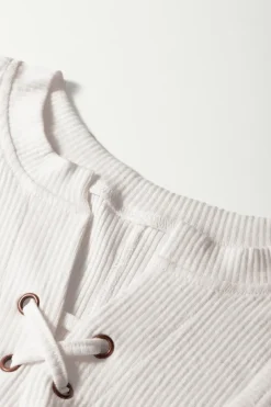 Outlet Dear-Lover Ribbed Texture Lace Patchwork Short Sleeve Top White