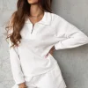 Hot Dear-Lover Ribbed Zipper Sweatshirt and High Waist Shorts Set White