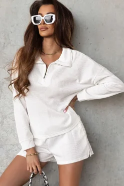Hot Dear-Lover Ribbed Zipper Sweatshirt and High Waist Shorts Set White